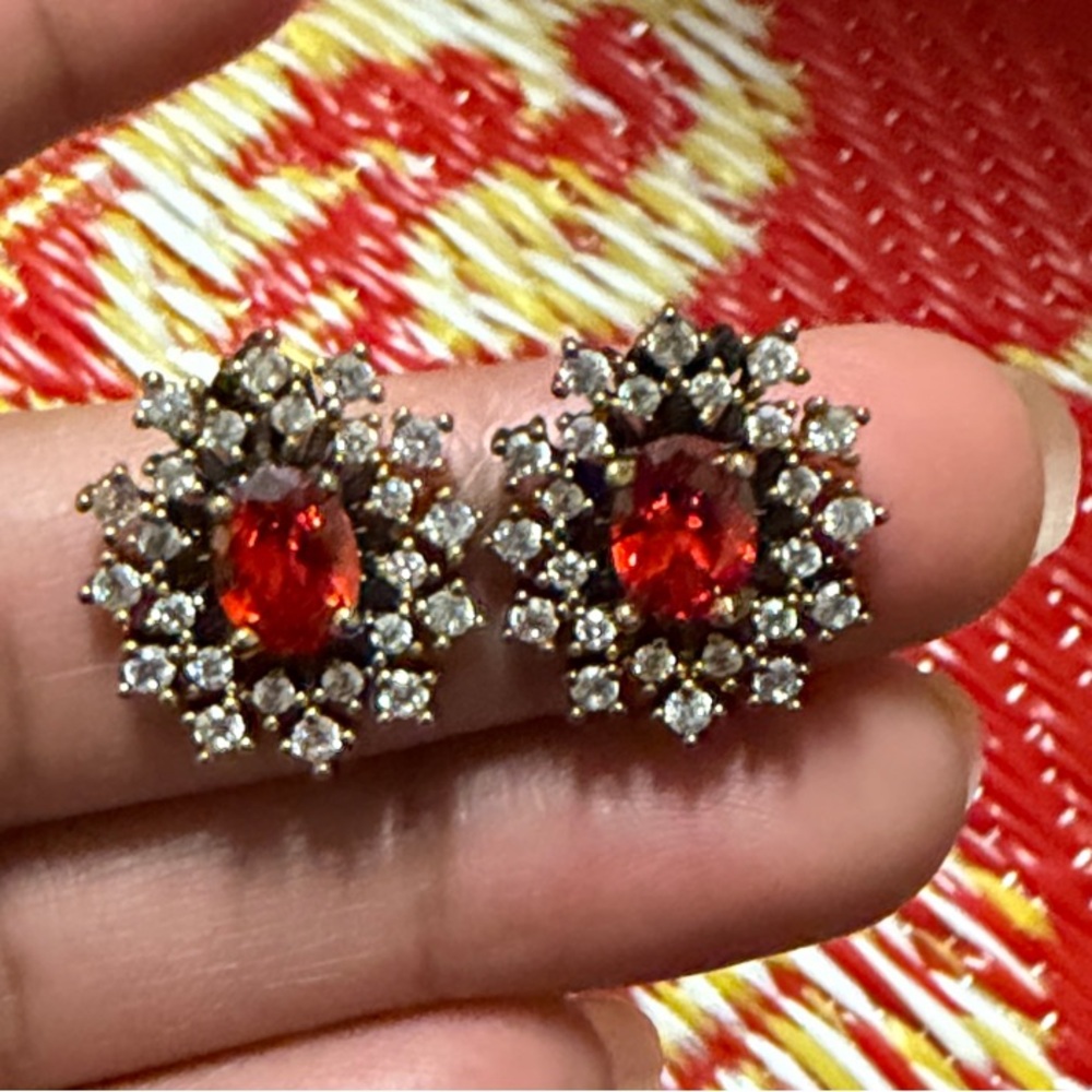 Gold-Tone Red Crystal Flower Stud Earrings - Women Jewelry